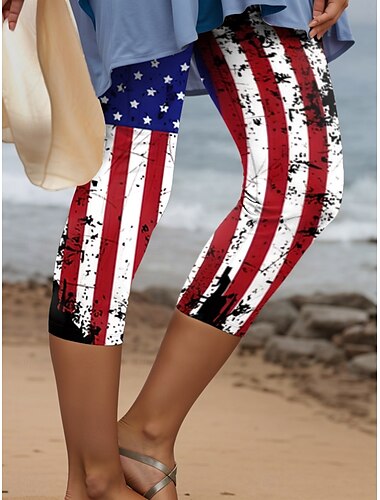  Unabhängigkeitstag Frauen Patriotic Fourth of July Capri-Hosen Leggings Vintage Fashion Lässig Wadenlange Hochwaist-Hosen Grafik Amerikanische Flagge Druck Atmungsaktiv Weich Stretch Täglich Urlaub