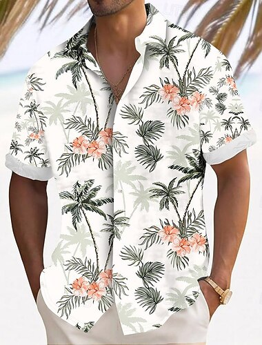  Herren Kokospalme Tropische Blumen Hemd Sommer Hawaiihemd Knopfhemd Kurzarm Hawaiianisch Resort Urlaub Ferien Strandbekleidung Sommer Frühling Umlegekragen 3D-Druck Hemden mit Kragen Weiß