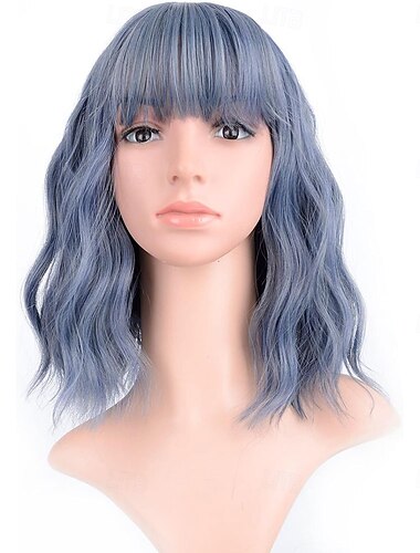  Peruca ombré 2 tons de cor, bob cacheado com franja de ar, peruca curta natural, cacheada e ondulada, perucas sintéticas na altura dos ombros, cosplay para meninas, perucas coloridas de 12'', loiro a
