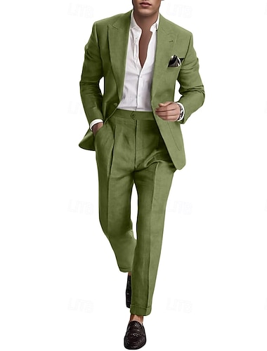  Trajes de lino para boda de negocios para hombre, color rosa cielo azul, moda de verano, casual, color sólido, corte estándar, 2 piezas, botonadura sencilla, un botón