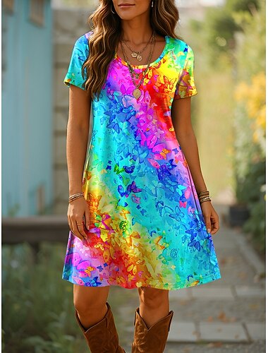 Dames Mini-jurk T shirt jurk A lijn jurk Zomerjurk Casual Dagelijks Normale pasvorm Ombre Grafisch Geometrisch Korte mouw Ronde hals blauw Paars Oranje Zomer Lente