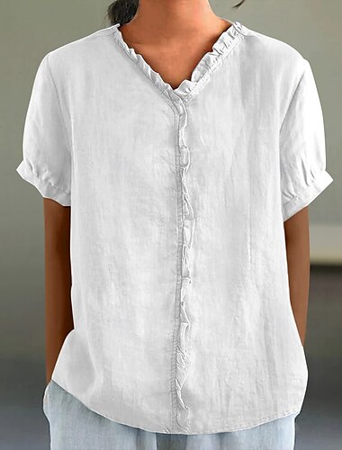  damebluse i bomull og lin ensfarget elegant avslappet kortermet v-hals vanlig topper daglig ferie plissert svart hvit rosa lilla grønn sommer