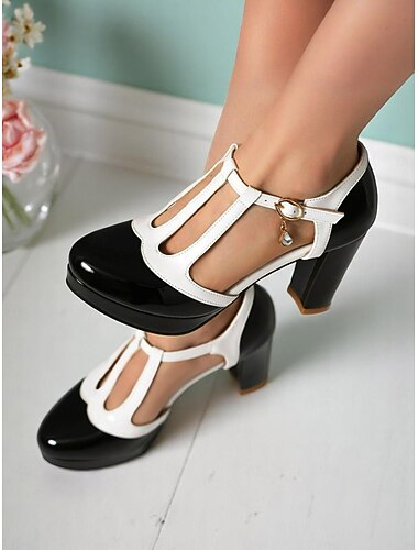  Zapatos de tacón alto con plataforma y tira en T en blanco y negro para mujer: calzado elegante de inspiración vintage de los años 50 para la oficina, bodas y cócteles.