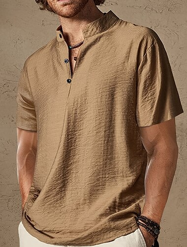  Voor heren Overhemd Popover-shirt Zomer overhemd Normaal shirt Strand hemd Zwart Bruin Korte mouw Effen Band Kraag Vakantie Hawaii Kleding Polyester Modieus Casual Comfortabel