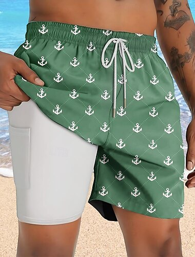  Herren Nautisch Anker Gefütterte Shorts 2 in 1 Badeshorts Badeshorts Mittlere Taille Hawaiianisch Urlaub Ferien Strandbekleidung Seitentaschen Mit Kompressionsfutter Elastischer Kordelzug in der