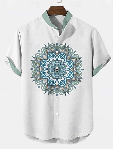  Herren Geometrisch Blumendruck Ethnisch Hemd Knopfhemd Stehkragenhemd Kurzarm Vintage-Retro Urlaub Alltagskleidung Strandbekleidung Sommer Frühling Mandarinkragen 3D-Druck Leinenähnliches Hemd Wei