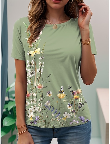  Dames T-shirt Bloemig Grafisch Planten Vintage Stijlvol Klassiek Korte mouw Strakke ronde hals Ronde hals Normale tops Dagelijks Afdrukken Paars Groen gebroken wit Grijs Zomer