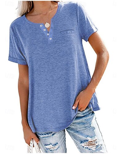  Femmes Chemisier Couleur Unie Élégant Occasionnel Manche Courte Col en V Hauts Réguliers Quotidien Boutons Avec Poches Rose Claire Vin Bleu Kaki Gris Été