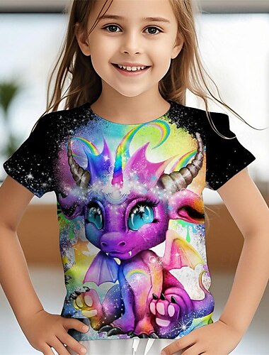  Κοριτσίστικο μπλουζάκι rainbow lil dragonz by sheena pike με τρισδιάστατο ουράνιο τόξο και δράκο, κοντομάνικο, καλοκαιρινό, ανοιξιάτικο, μοντέρνο, βασικό, παιδικό 4-12 ετών, με στρογγυλή λαιμόκοψη,