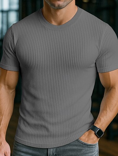  Herren T Shirt Geripptes Strick-T-Shirt T-Shirt Kurze Ärmel Rundhalsausschnitt Sommer Ganzjahres Einfach Grubenstreifen Mode Designer Basic Rein Urlaub Straße Lässig Weiß Schwarz Grau Top T-Shirt für