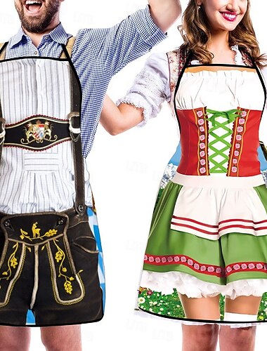  Paar 2-teilige Oktoberfestschürze Oktoberfestparty Paar Dirndl mit verstellbaren Bindeseilen Kochen Gartenarbeit Grillen Backen Lustige Kostüme Münchner Wiesn Halloween Karneval