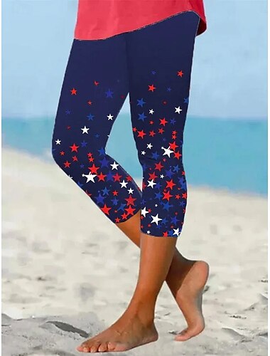  Unabhängigkeitstag Damen Patriotische Leggings Urlaub Vintage Mode Knielange Hoch taillierte Hosen Grafik Flaggen Druck Atmungsaktiv Weich Dehnbar Formal Urlaub Büro