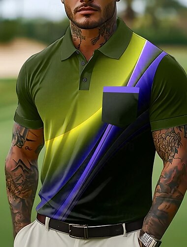 Herren Polo mit Knopfleiste Straße Lässig Revers Kurzarm Mode Geometrisch Linie Knöpfe Tasche Sommer Gelb Rote Blau Grün Polo mit Knopfleiste