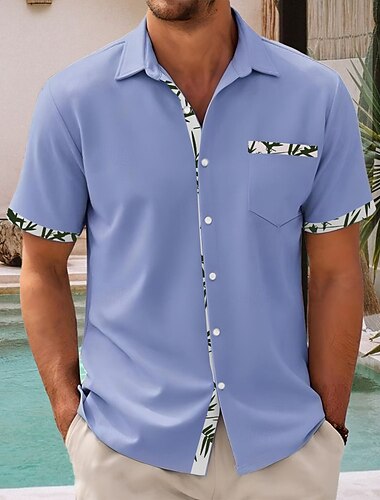  Herren Blatt Pflanzen Hemd Sommerhemd Knopfhemd Kurzarm Modisch lässig Urlaub Alltagskleidung Sommer Frühling Umlegekragen 3D-Druck Hemden mit Kragen Eine Tasche vorne Rosa Blau Purpur Grün
