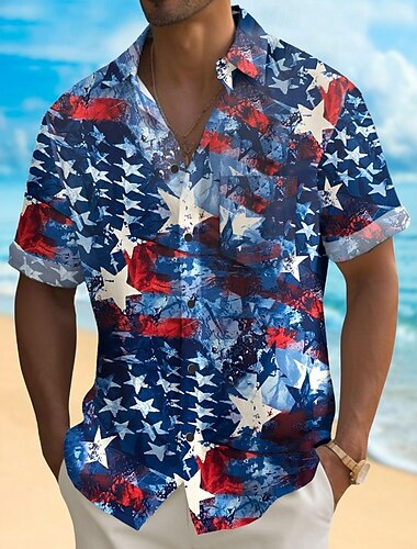  アメリカ独立記念日 男性用 出演者 米国旗 愛国 シャツ サマーシャツ ボタンアップシャツ 半袖 ファッションカジュアル 祝日 夏 春 折襟 3Dプリント 襟付きシャツ フロントポケット1つ ブルー