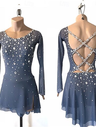  Eiskunstlaufkleid Damen Mädchen Eislaufen Kleid Marineblau Weiß Rosa Patchwork Offener Rücken Netzstoff Hohe Elastizität Training Wettbewerb Eiskunstlaufkleidung Klassisch Kristall / Strass Langarm