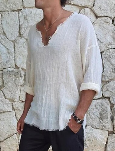  Hombre Camiseta de lino Manga Larga Escote en Pico Primavera verano Plano Moda Cómodo Crudo Vacaciones Fiesta Casual Blanco Camiseta superior para hombre