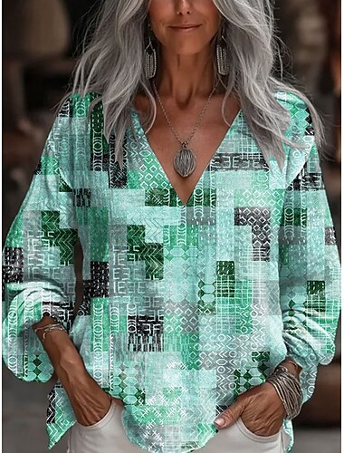  Mujer Blusa Graphic Geométrico Elegante Casual Manga 3/4 Escote en Pico Tops regulares Diario Morado Naranja Verde Trébol Verano Primavera Otoño