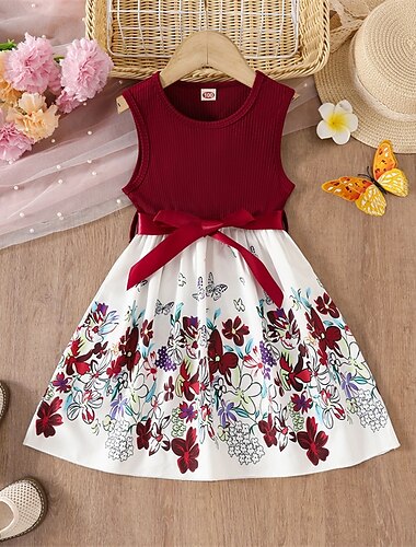  Kinder Mädchen Kleid Blumenkleid Schmetterling Blume Ärmellos Outdoor Lässig Knotenbinde Mode Niedlich Polyester Knielang Freizeitkleid A Linie Kleid Sommer Frühling Ab 4 Jahren Rosa Wein Purpur