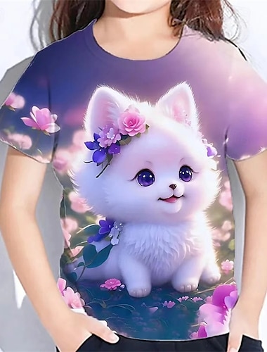  Chica 3D Gato Camiseta Manga Corta Verano Primavera Moda Básico Niños 4-12 años Cuello Barco Exterior Casual Diario Ajuste regular