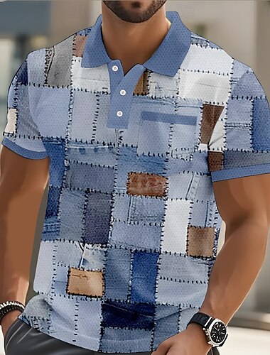  Homme Patchwork Polo Manche Courte Polos Chemises à Col Occasionnel Extérieur Athleisure Tenue quotidienne Boutons Avec Poches Impression 3D Été Bleu
