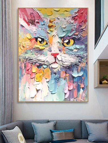  handmålad nyckfull kattoljemålning - livfullt texturerat porträtt med safirfärgade djuroljemålningar boho väggkonst oljemålningar för vardagsrum sovrum väggdekoration