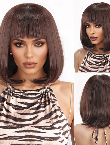  Perucas sintéticas Kinky Liso Yaki Liso Corte Assimétrico Franja Lisa Fabrico à Máquina Peruca 12 polegadas A1 Cabelo Sintético Mulheres Confortável Cores Gradiente Cabelo com Luzes / Reflexos Marrom
