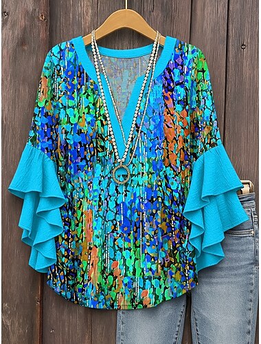  Damen Bluse mit gestuften Rüschensäumen Grafik Geometrisch Abstrakt Täglich Stilvoll Lässig 3/4-Ärmel V-Ausschnitt Reguläre Oberteile Tägliches Urlaubsbekleidung Druck Pink Rot Blau Lila Sommer