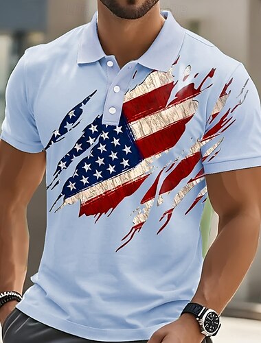  Amerikanischer Unabhängigkeitstag Herren Amerikanische Flagge Polo Kurzarm Polo-Shirts Hemden mit Kragen Lässig Outdoor Alltagskleidung 3D-Druck Sommer Weiß Rosa Blau