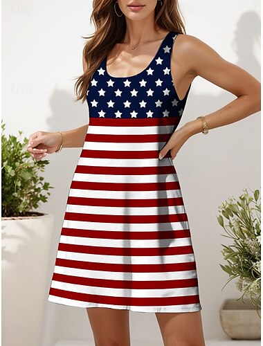  Unabhängigkeitstag Damen Patriotische Fourth of July Kleid Mini Kleid Sonnenkleid A-Linie Kleid Off-Shoulder Kleid Urlaub Lässig Boho Party Regulär Fit Grafik Flagge Geometrisch Ärmellos U-Ausschnitt