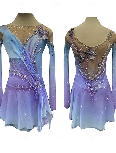  Eiskunstlaufkleid Damen Mädchen Eislaufen Kleid Purpur Daumenloch Halo-Färbung Hohe Elastizität Professionell Wettbewerb Eiskunstlaufkleidung Thermowarm Kristall / Strass Langarm Eislaufen