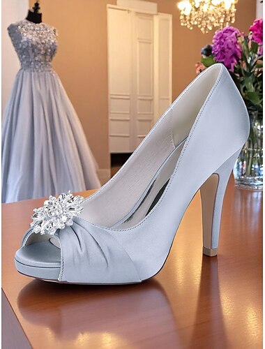  Zapatos de tacón alto con punta abierta de satén para mujer con flor de diamantes de imitación: elegantes zapatos de cóctel para veladas formales.