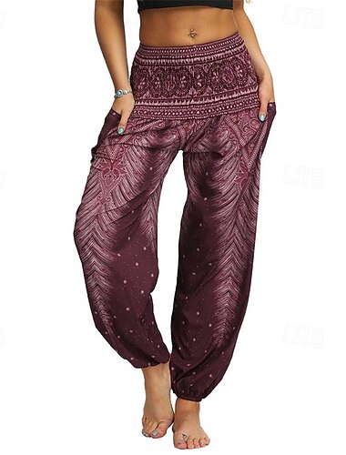  Rétro Vintage Boho Années 1970 Sarouel Pantalons de Yoga Hippie Taille Plissée Paon Plumes Femmes Halloween Carnaval Vacances à la Plage Soirée à thème rétro Festival Adulte Pantalon