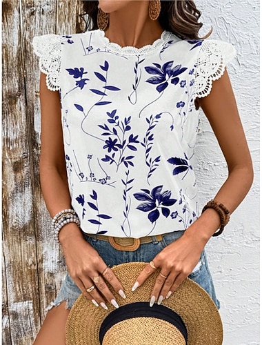  نسائي كنزة طباعة النباتات موضة أنيق كاجوال بدون كم رقبة عالية مدورة قمصان عادية مناسب للبس اليومي مناسب للخارج عطلة نهاية الاسبوع أزرق أسود أبيض أصفر مشمشي الصيف الربيع