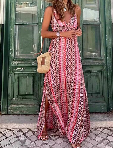  Women's Long Dress Maxi Dress Casual Dress Swing Dress Boho Dress Fashion Outdoor Party Holiday Regular Fit Line Sleeveless V Neck Pink Summer