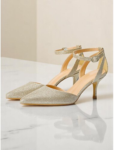  Chaussures à talons et bride cheville pailletées dorées pour femmes, chaussures habillées à bout pointu pour cocktails et événements formels