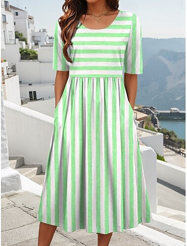  Damen Midikleid Sommerkleid Faltenkleid Urlaub Lässig Ferien Lässiger Schnitt Grafik Gestreift Halbarm Rundhalsausschnitt Hellgrün Rosa Blau Purpur Sommer