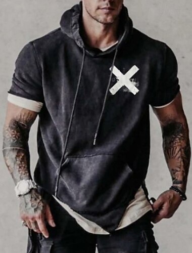  Herren T Shirt T-Shirt Kurzarmshirt Kurzarm Mit Kapuze Sommer Bedruckt Mode Designer Basic Patchwork Urlaub Straße Ausgehen Dunkelgray Top T-Shirt für Herren