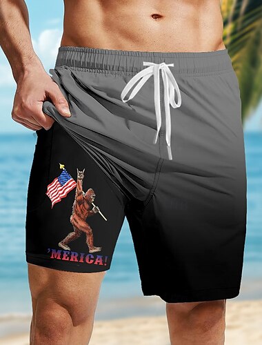  Tag der Unabhängigkeit Herren US Flagge Patriotisch Gefütterte Shorts 2 in 1 Badeshorts Badehosen Mittlere Taille Ferien Seitentaschen Mit Kompressionsfutter Elastischer Kordelzug in der Taille