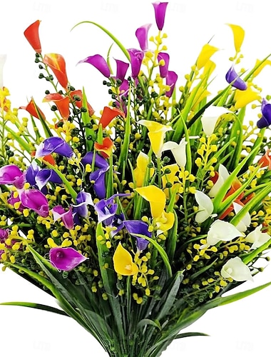  10 paquetes de flores artificiales para exteriores, ramos de calas artificiales y césped primaveral, plantas artificiales de plástico resistentes a los rayos UV para decoración de jardín, bodas, hogar
