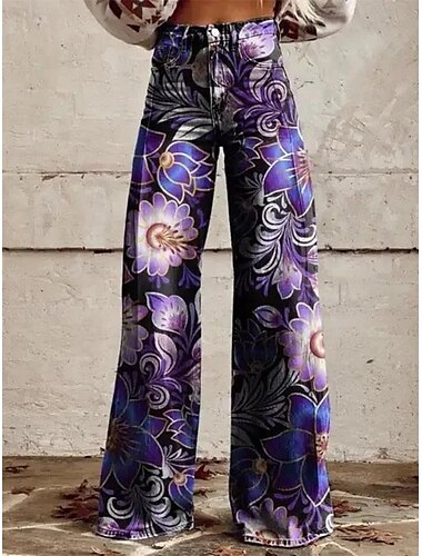  Retro Vintage Boho 1970er Hose Hose mit weitem Bein Hippie Disco Hohe Taille Blumen Jeans-Imitat Damen Karneval Alltagstauglich Musikfestival Retro-Mottoparty Erwachsene Hose