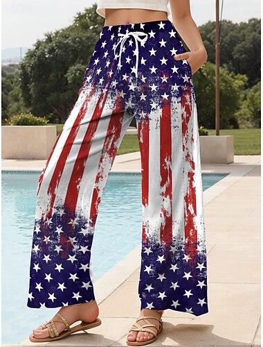  Chinos larges patriotes pour femmes du jour de l'indépendance fête du 4 juillet pantalons baggy vacances mode vintage longueur complète taille haute pantalons graphiques drapeau impression à cordons