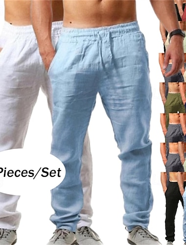 2-pack heren linnen broeken zomerbroeken baggy broeken strandbroeken trekkoord elastische taille effen comfort ademend volledige lengte outdoor dagelijks vakantie mode klassieke stijl wit + hemelsblauw