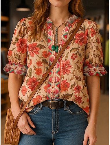  Dames Boho-shirt Zomer tops Vintage Casual Halve mouw V-hals Normale tops Khaki Zomer