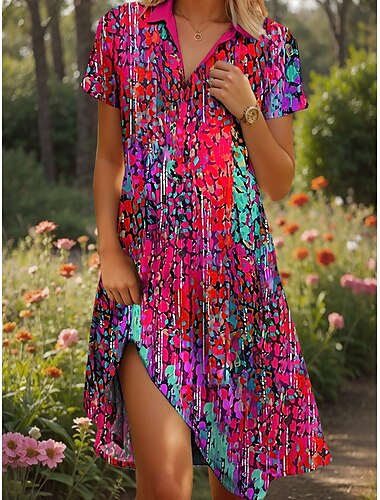  Damen Midikleid A Linie Kleid Sommerkleid Urlaub Lässig Strand Date Sommerkleid Normale Passform Grafik Geometrisch Abstrakt Kurzarm Revers Gelb Rote Blau Purpur Sommer