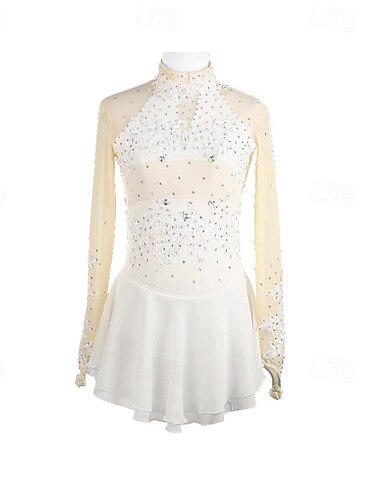  Eiskunstlaufkleid Damen Mädchen Eislaufen Kleid Weiß Patchwork Daumenloch Netzstoff Spandex Dehnbar Training Übung Professionell Eiskunstlaufkleidung Thermowarm Kristall / Strass Langarm Eislaufen