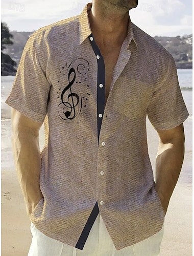  Herren Sommerhemd Freizeithemd Strandhemd Knopfhemd Kaki Kurzarm Muster Musiknoten Revers Urlaub Hawaiianisch Bekleidung Polyester Mode Lässig Bequem