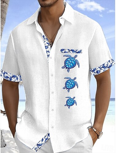  Herren Hemd Leinenhemd Sommerhemd Strandhemd Knopfhemd Schildkröte Urlaub Ferien Weiß Rosa Himmelblau Grün Kurzarm Umlegekragen Sommer Bekleidung Fronttasche