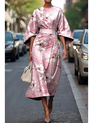  Dam Midiklänning Sheath Dress Ledigt Formell Semiformella klänningar Kontor Dagligen Normal Blommig Grafisk 3/4 ärm Rund hals Vit Rodnande Rosa Blå Himmelsblå Sommar Vår