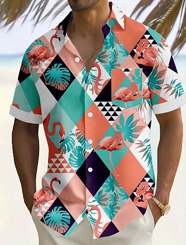  Herren Farbblock Flamingo Palmblatt Sommer Hawaiihemd Knopfhemd Alohahemd Kurzarm Hawaiianisch Urlaub Ferien Strandbekleidung Sommer Umlegekragen 3D-Druck Eine Tasche vorne Leinenähnliches Hemd Blau